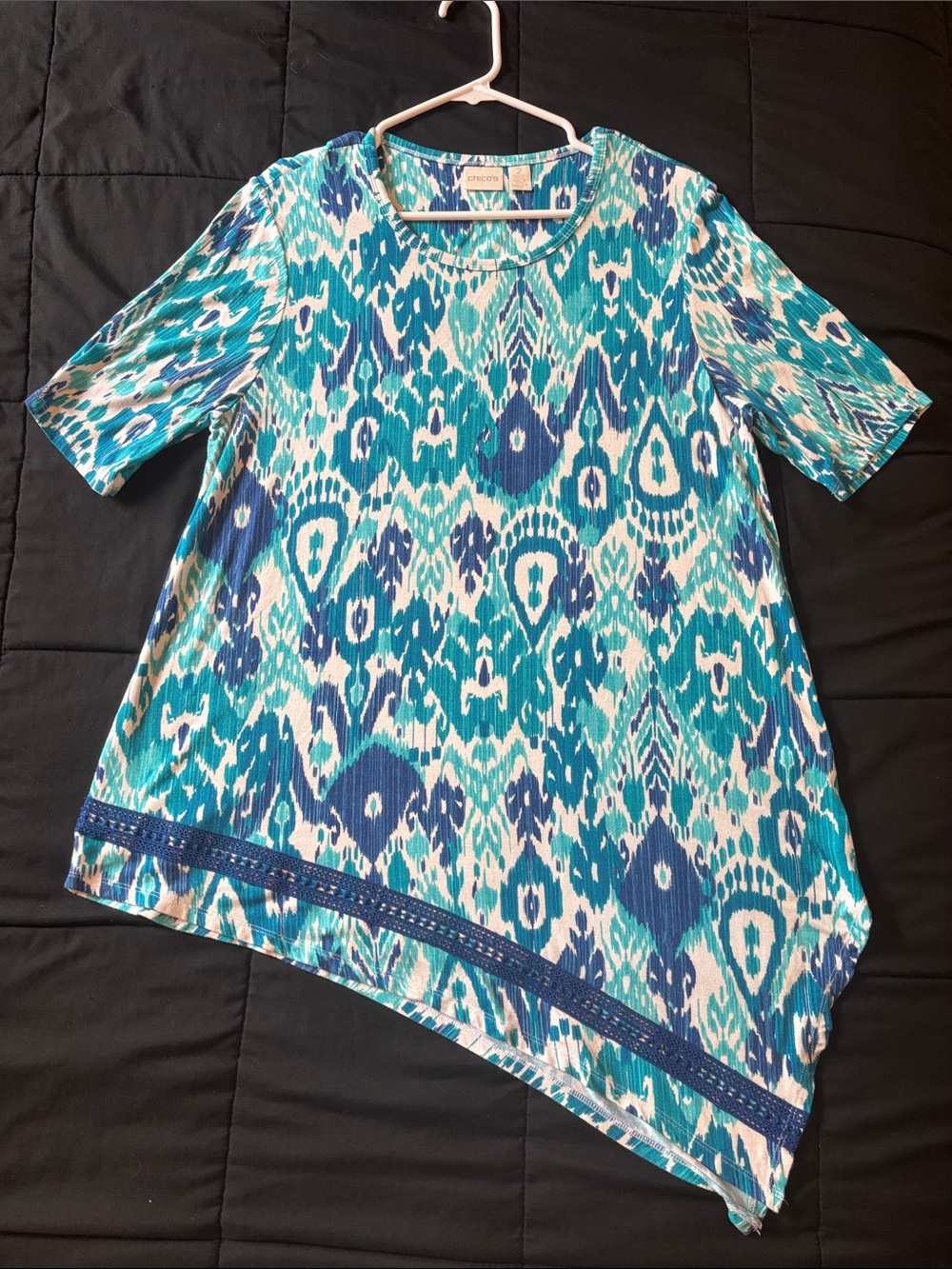 Chico’s Teal & Blue Ikat-Print Asymmetric Tunic size 2